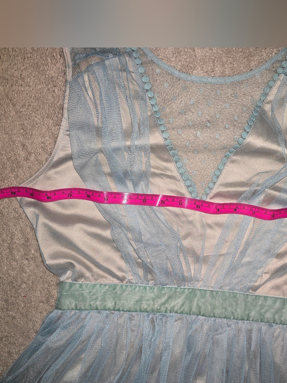 Powder Blue Sheer Tulle Cocktail Dress with Velvet Waistband Tan Underslip Large - Picture 15 of 16